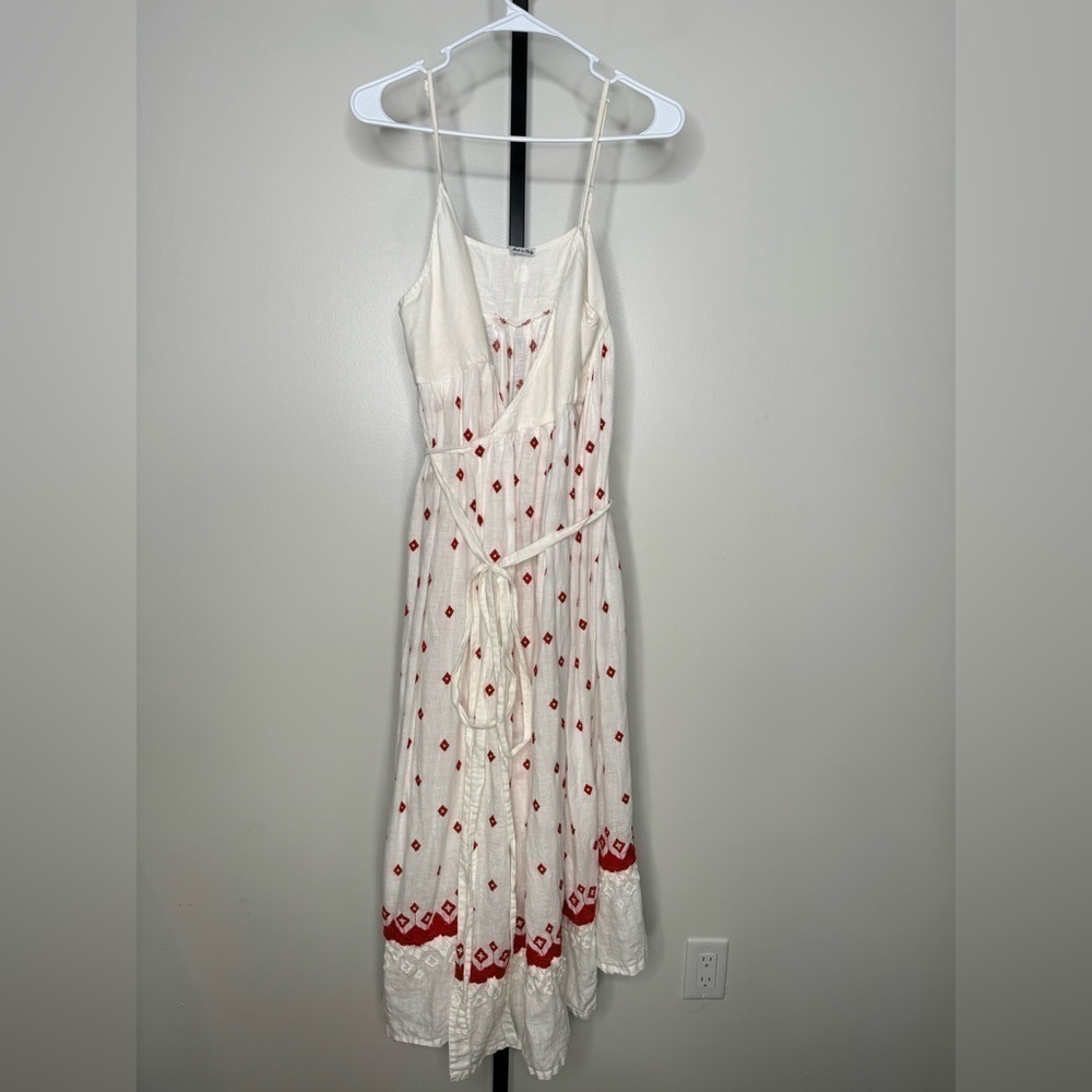 120% Lino Maxi Red Embroidered V-Neckline Dress - Size 48 IT (12 US) - Picture 3 of 7